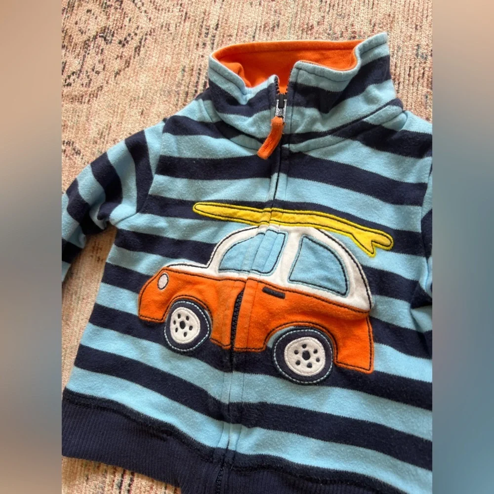 Carter's Blue and Orange Striped Hoodie with Car Design